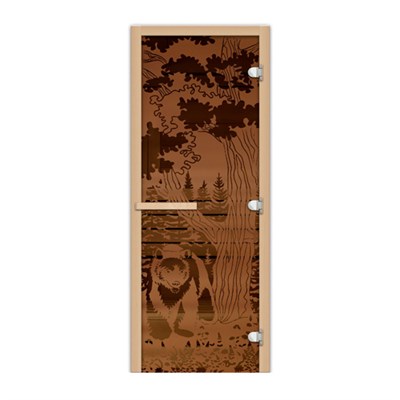 Дверь для сауны, полотно 1835х620, ручка магнит, толщ. 8мм  1.9х0.7 Мишка в лесу - фото 9021